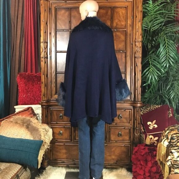 Aphratti Navy Blue Faux Fur Luxe Cape Cardigan Topper - Picture 7 of 15